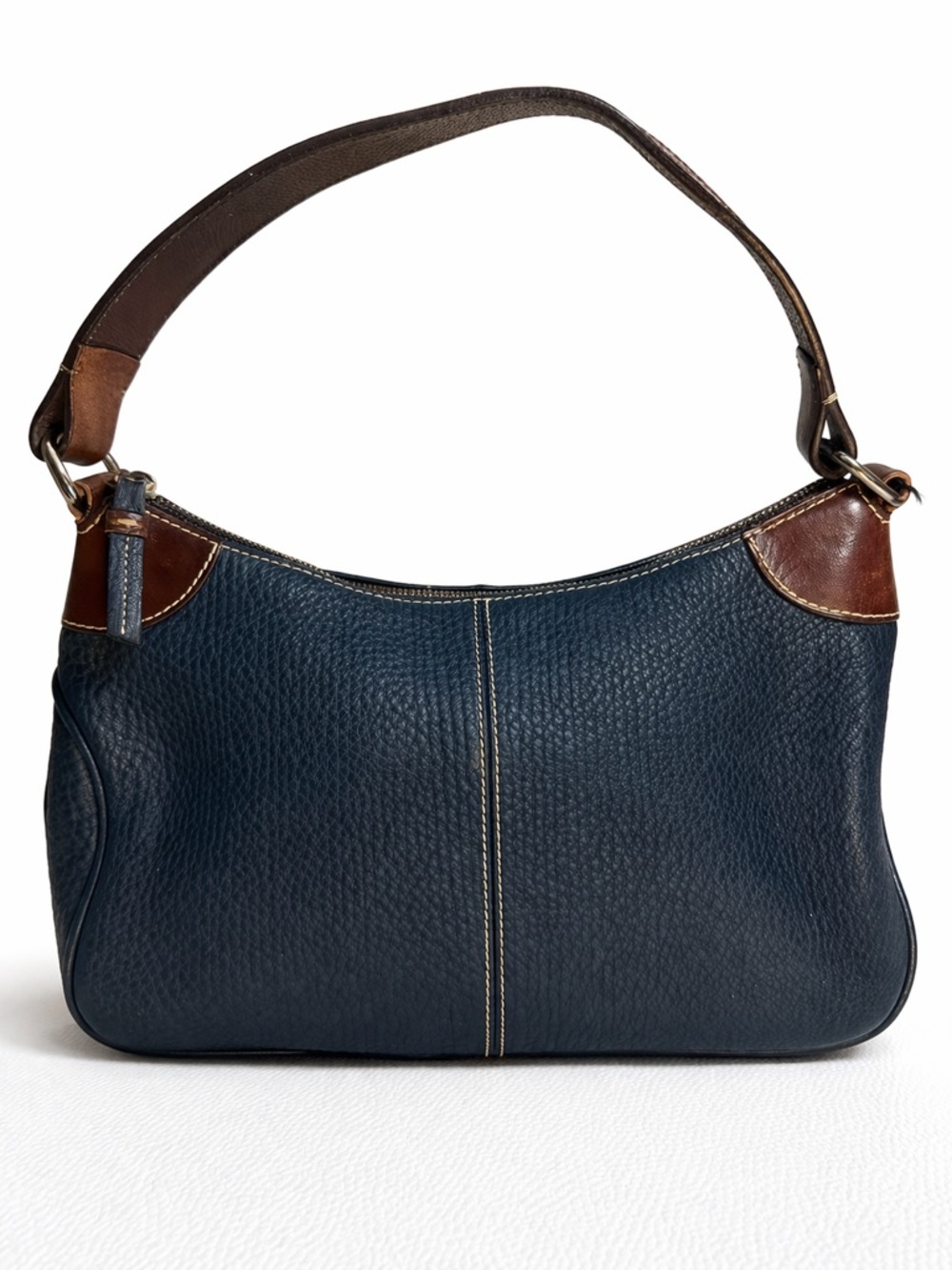 Vintage Dooney & Bourke Blue Pebbled All Weather Leather Shoulder Bag Brown Trim